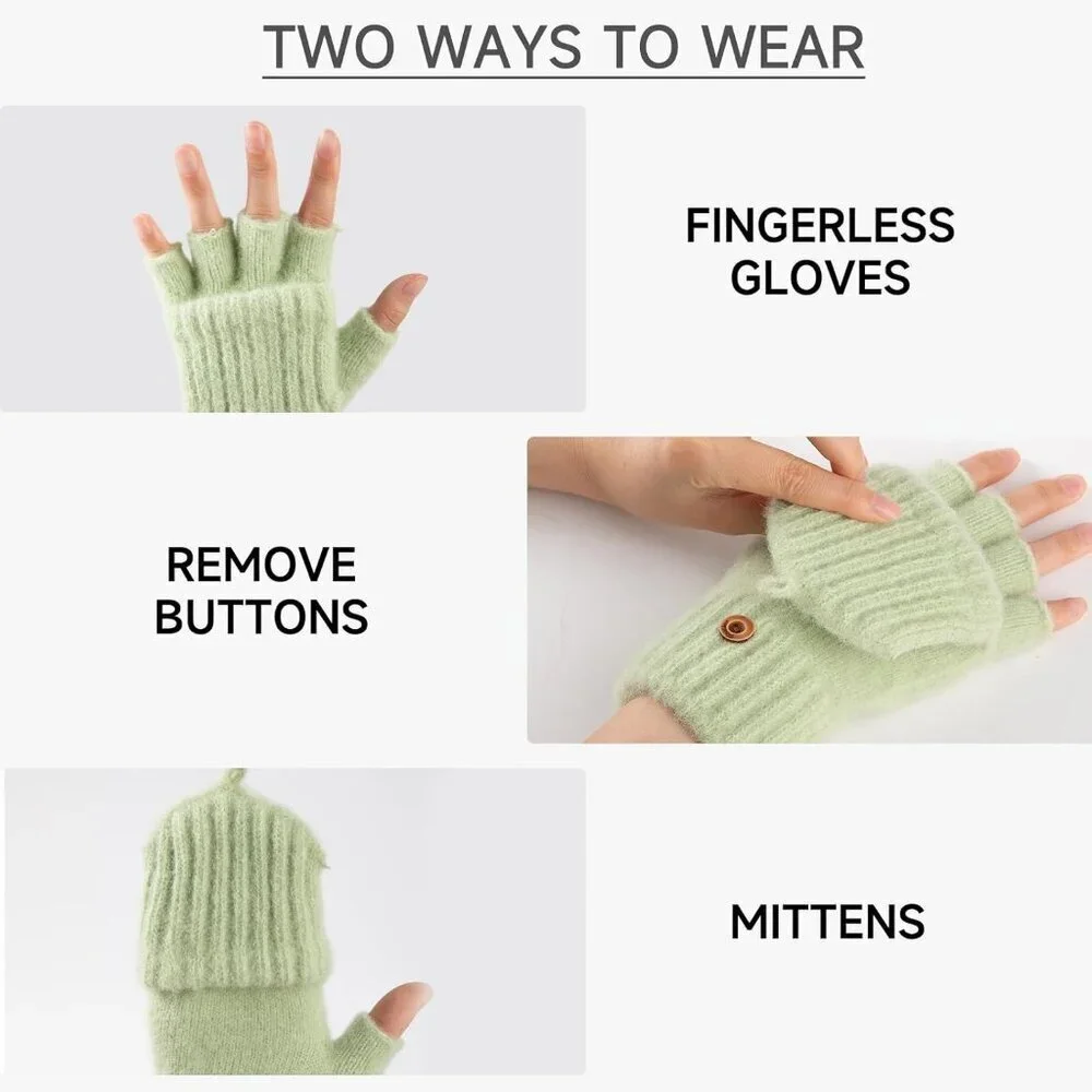 Women's Winter Warm Mittens Knitted Green Gloves Fingerless Button Closure